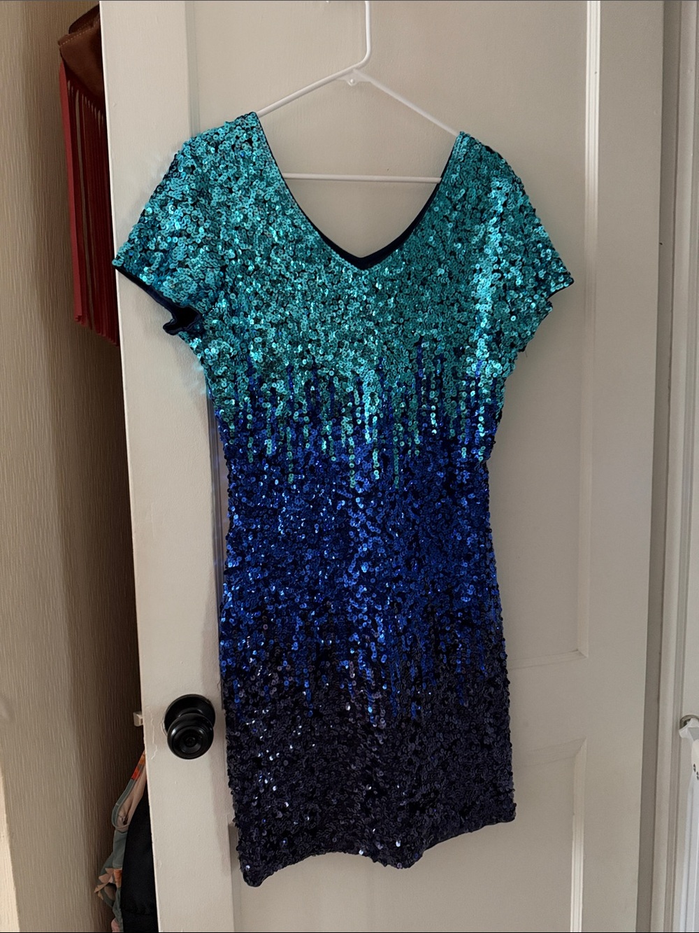 Sequined Teal to Navy Ombre V-Neck Mini Dress